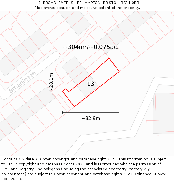 13, BROADLEAZE, SHIREHAMPTON, BRISTOL, BS11 0BB: Plot and title map