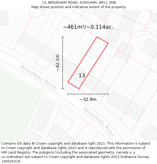 13, BROADWAY ROAD, EVESHAM, WR11 3NB: Plot and title map