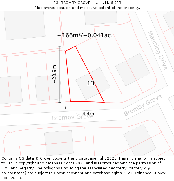 13, BROMBY GROVE, HULL, HU6 9FB: Plot and title map