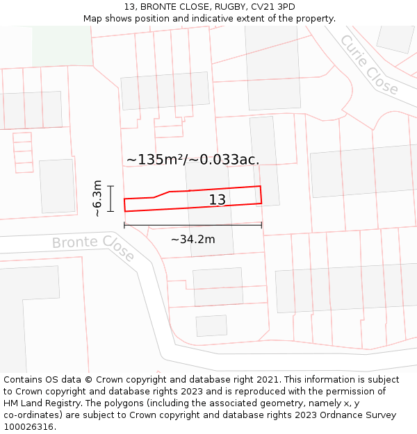 13, BRONTE CLOSE, RUGBY, CV21 3PD: Plot and title map