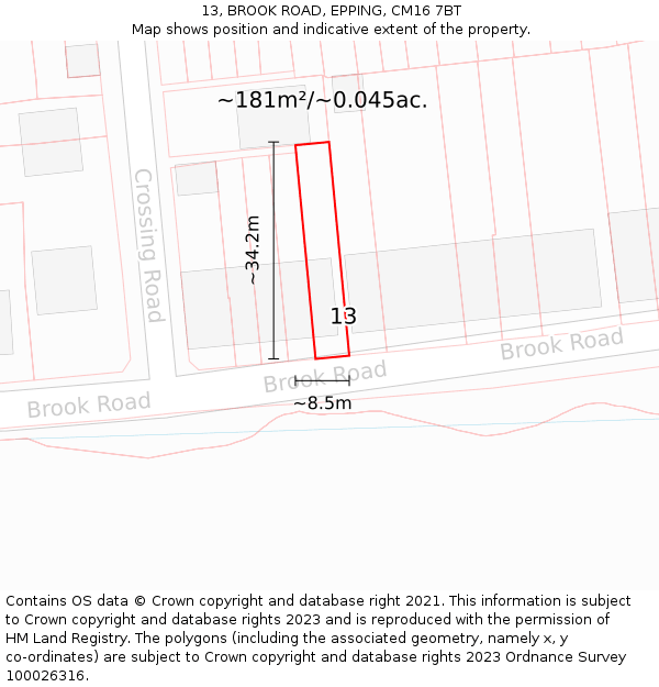 13, BROOK ROAD, EPPING, CM16 7BT: Plot and title map