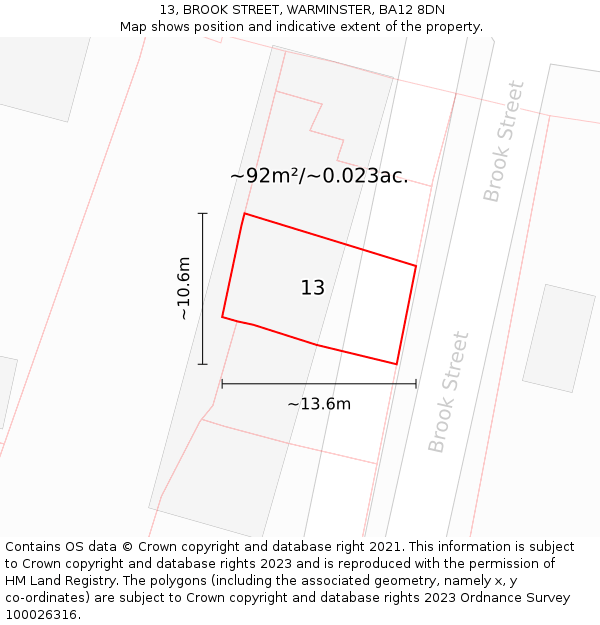 13, BROOK STREET, WARMINSTER, BA12 8DN: Plot and title map
