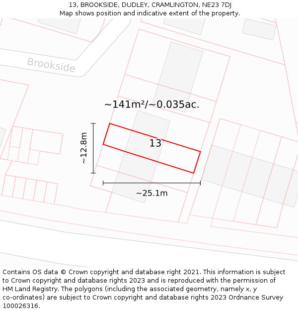 13, BROOKSIDE, DUDLEY, CRAMLINGTON, NE23 7DJ: Plot and title map