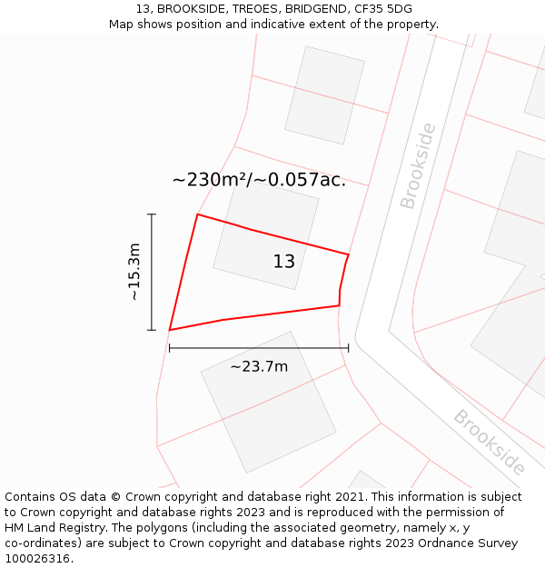 13, BROOKSIDE, TREOES, BRIDGEND, CF35 5DG: Plot and title map