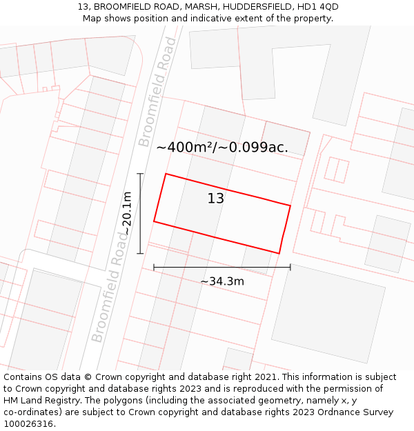 13, BROOMFIELD ROAD, MARSH, HUDDERSFIELD, HD1 4QD: Plot and title map