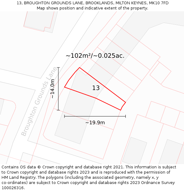 13, BROUGHTON GROUNDS LANE, BROOKLANDS, MILTON KEYNES, MK10 7FD: Plot and title map