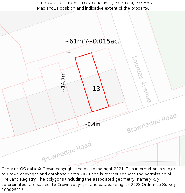 13, BROWNEDGE ROAD, LOSTOCK HALL, PRESTON, PR5 5AA: Plot and title map
