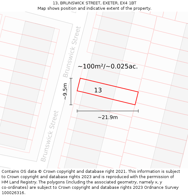 13, BRUNSWICK STREET, EXETER, EX4 1BT: Plot and title map