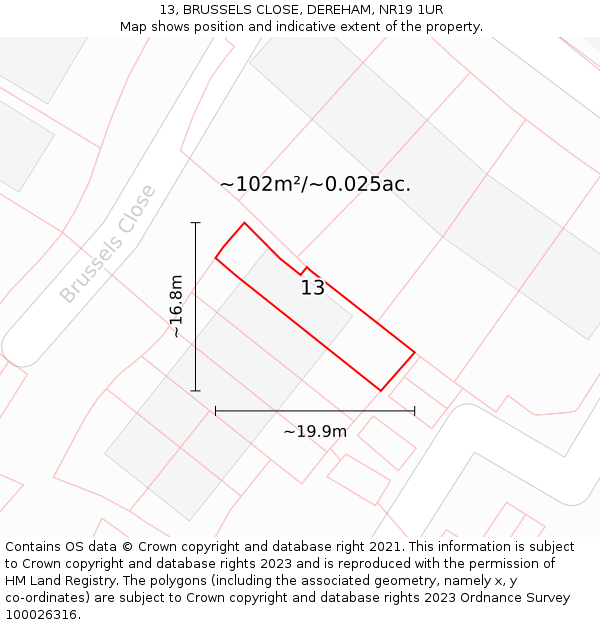 13, BRUSSELS CLOSE, DEREHAM, NR19 1UR: Plot and title map