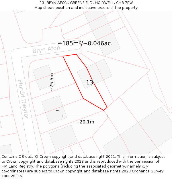 13, BRYN AFON, GREENFIELD, HOLYWELL, CH8 7PW: Plot and title map