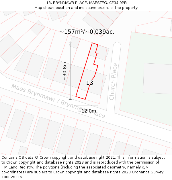 13, BRYNMAWR PLACE, MAESTEG, CF34 9PB: Plot and title map