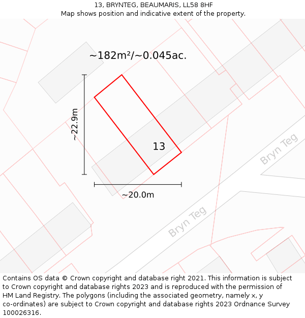 13, BRYNTEG, BEAUMARIS, LL58 8HF: Plot and title map