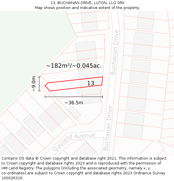 13, BUCHANAN DRIVE, LUTON, LU2 0RX: Plot and title map