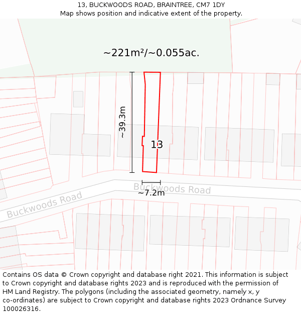 13, BUCKWOODS ROAD, BRAINTREE, CM7 1DY: Plot and title map