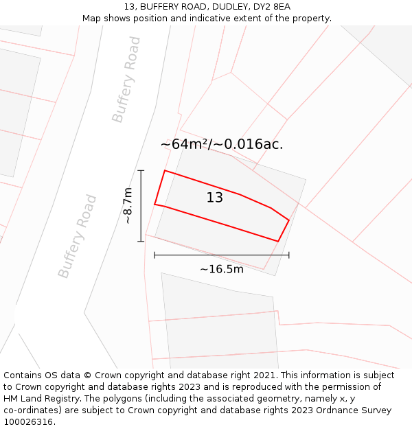 13, BUFFERY ROAD, DUDLEY, DY2 8EA: Plot and title map