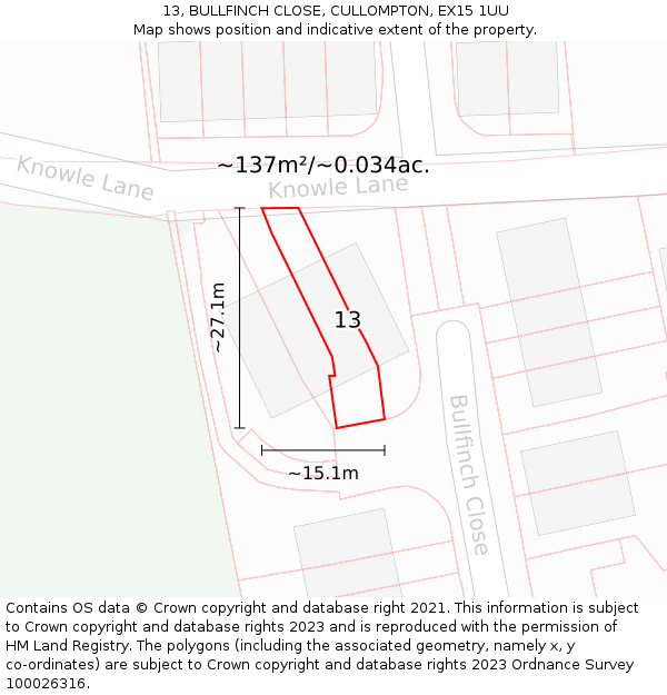 13, BULLFINCH CLOSE, CULLOMPTON, EX15 1UU: Plot and title map