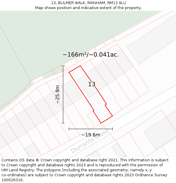 13, BULMER WALK, RAINHAM, RM13 9LU: Plot and title map