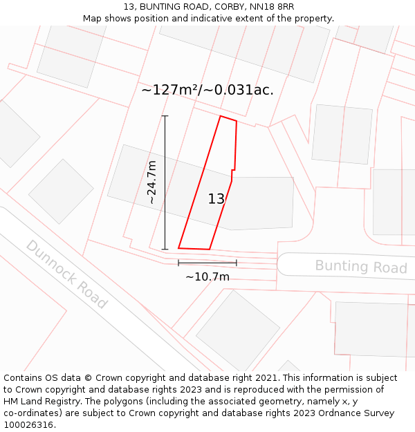 13, BUNTING ROAD, CORBY, NN18 8RR: Plot and title map