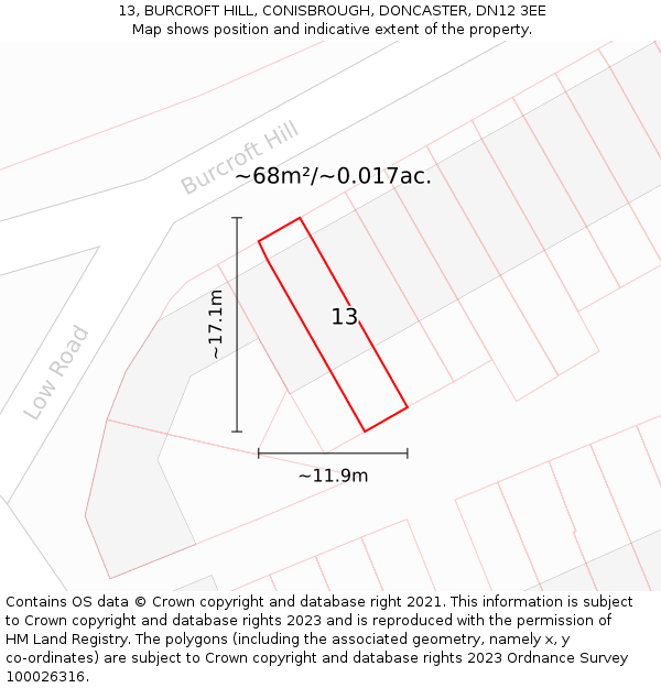 13, BURCROFT HILL, CONISBROUGH, DONCASTER, DN12 3EE: Plot and title map
