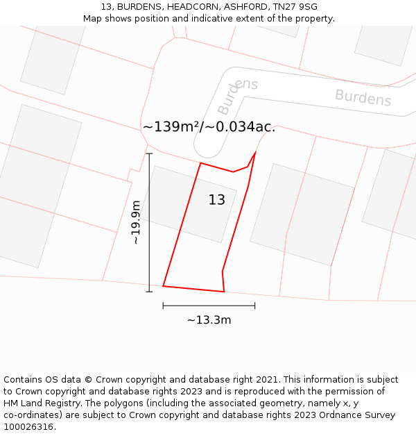 13, BURDENS, HEADCORN, ASHFORD, TN27 9SG: Plot and title map
