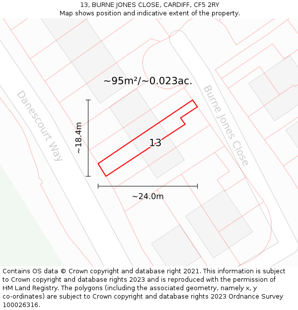 13, BURNE JONES CLOSE, CARDIFF, CF5 2RY: Plot and title map