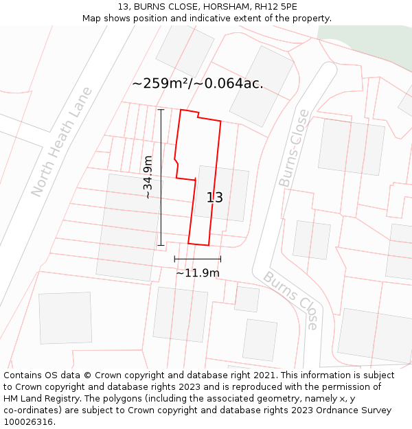 13, BURNS CLOSE, HORSHAM, RH12 5PE: Plot and title map