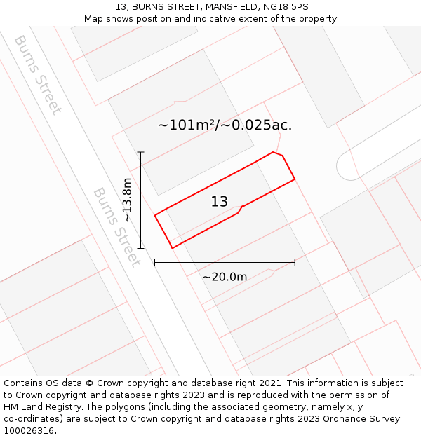 13, BURNS STREET, MANSFIELD, NG18 5PS: Plot and title map