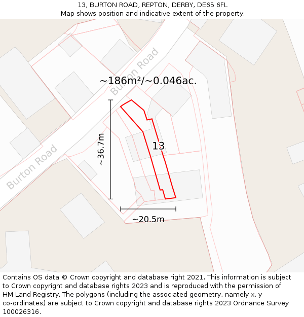 13, BURTON ROAD, REPTON, DERBY, DE65 6FL: Plot and title map