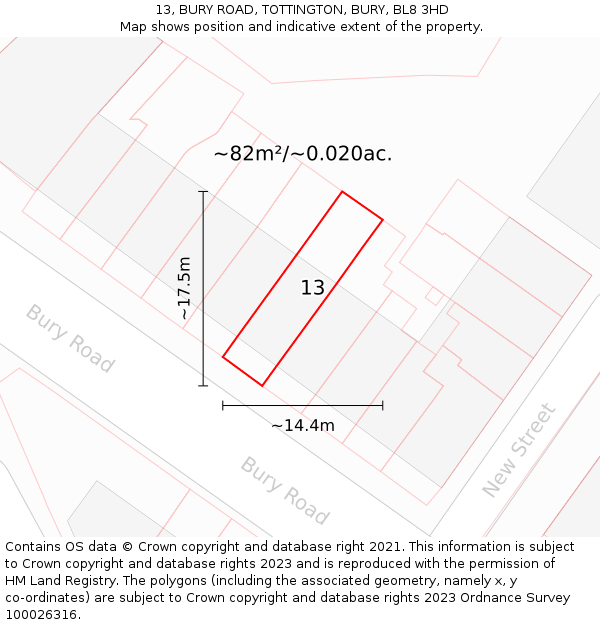 13, BURY ROAD, TOTTINGTON, BURY, BL8 3HD: Plot and title map
