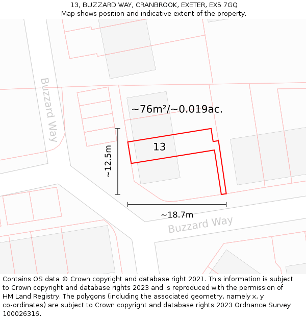 13, BUZZARD WAY, CRANBROOK, EXETER, EX5 7GQ: Plot and title map