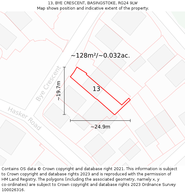 13, BYE CRESCENT, BASINGSTOKE, RG24 9LW: Plot and title map