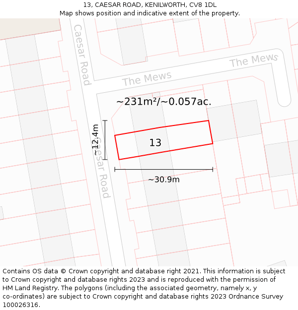 13, CAESAR ROAD, KENILWORTH, CV8 1DL: Plot and title map
