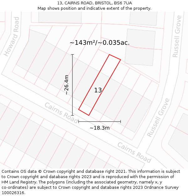 13, CAIRNS ROAD, BRISTOL, BS6 7UA: Plot and title map