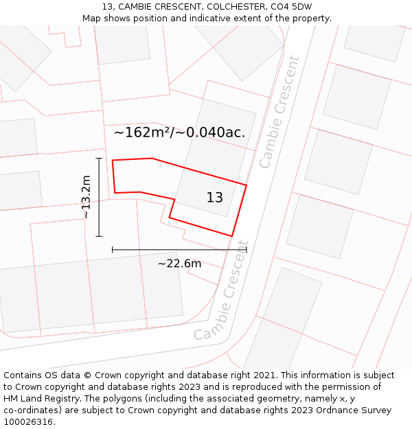 13, CAMBIE CRESCENT, COLCHESTER, CO4 5DW: Plot and title map