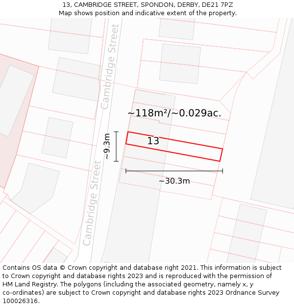 13, CAMBRIDGE STREET, SPONDON, DERBY, DE21 7PZ: Plot and title map