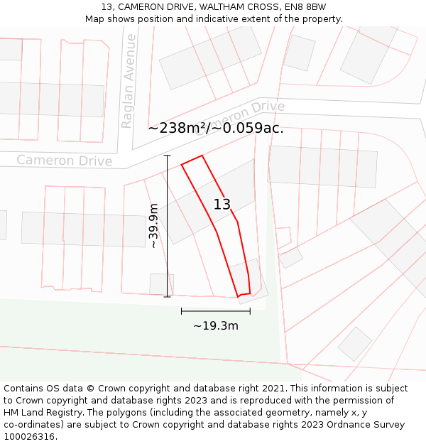 13, CAMERON DRIVE, WALTHAM CROSS, EN8 8BW: Plot and title map