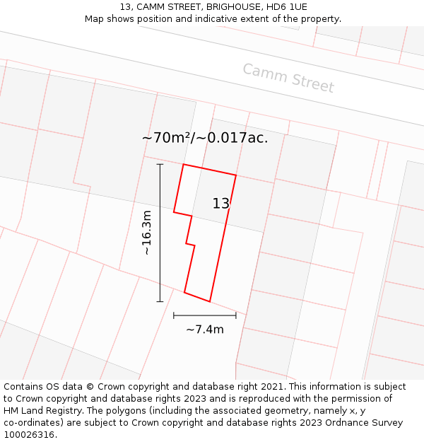 13, CAMM STREET, BRIGHOUSE, HD6 1UE: Plot and title map