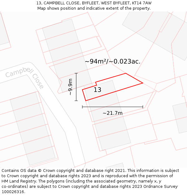 13, CAMPBELL CLOSE, BYFLEET, WEST BYFLEET, KT14 7AW: Plot and title map