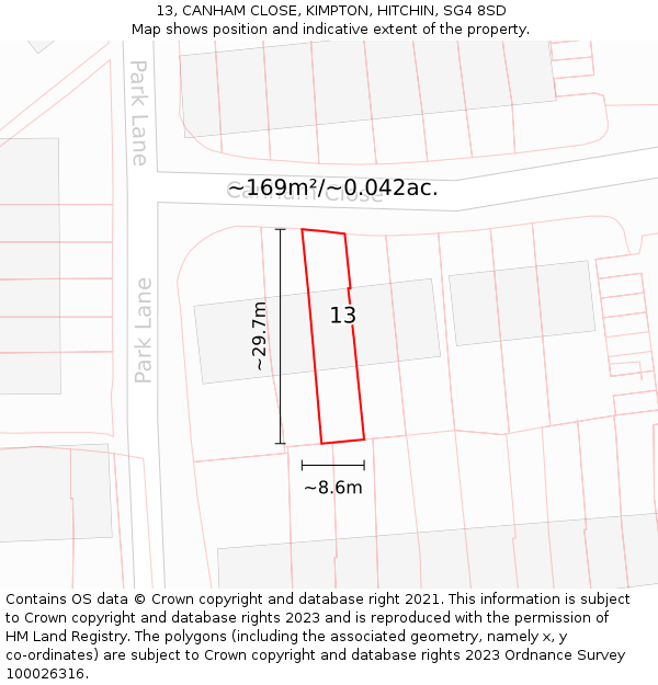13, CANHAM CLOSE, KIMPTON, HITCHIN, SG4 8SD: Plot and title map