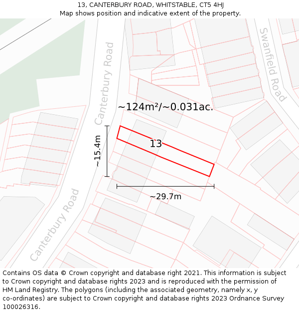 13, CANTERBURY ROAD, WHITSTABLE, CT5 4HJ: Plot and title map