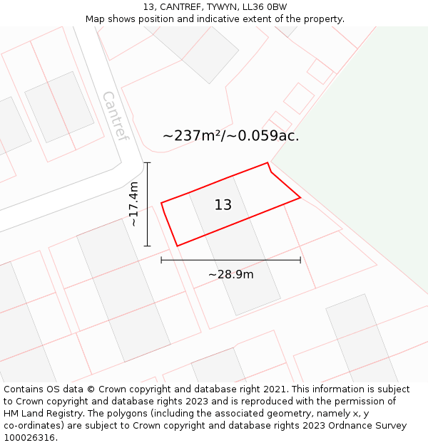 13, CANTREF, TYWYN, LL36 0BW: Plot and title map