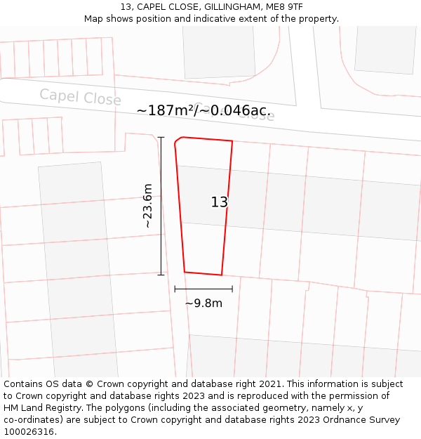 13, CAPEL CLOSE, GILLINGHAM, ME8 9TF: Plot and title map
