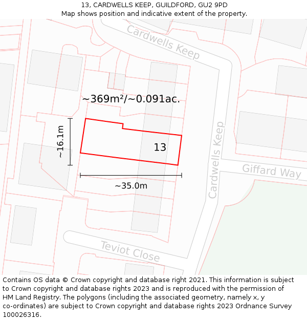 13, CARDWELLS KEEP, GUILDFORD, GU2 9PD: Plot and title map