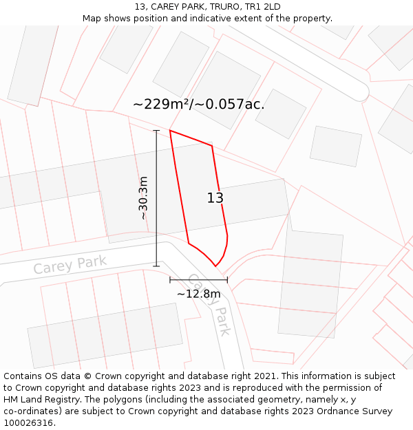 13, CAREY PARK, TRURO, TR1 2LD: Plot and title map