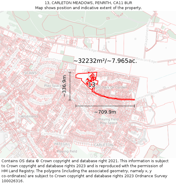 13, CARLETON MEADOWS, PENRITH, CA11 8UR: Plot and title map