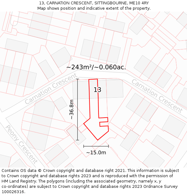 13, CARNATION CRESCENT, SITTINGBOURNE, ME10 4RY: Plot and title map