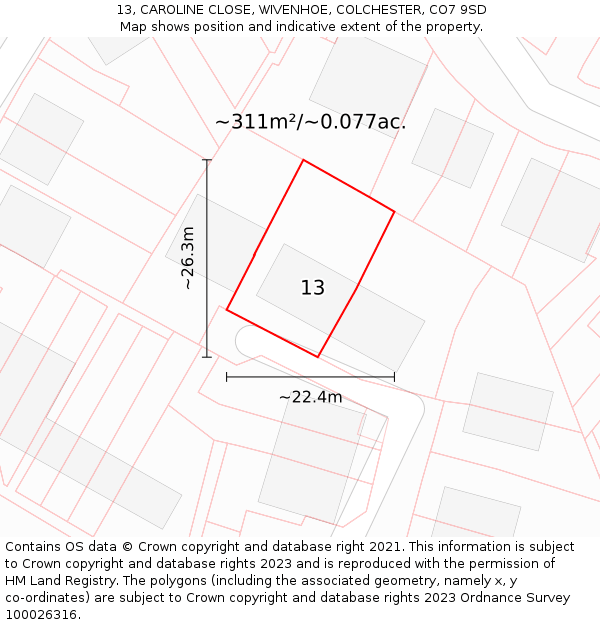 13, CAROLINE CLOSE, WIVENHOE, COLCHESTER, CO7 9SD: Plot and title map