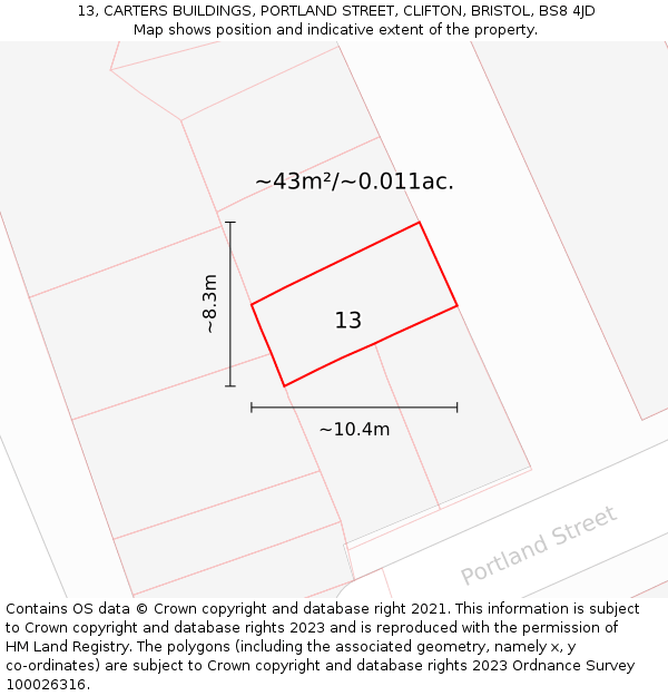 13, CARTERS BUILDINGS, PORTLAND STREET, CLIFTON, BRISTOL, BS8 4JD: Plot and title map