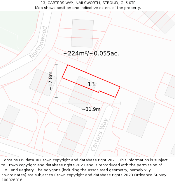 13, CARTERS WAY, NAILSWORTH, STROUD, GL6 0TP: Plot and title map
