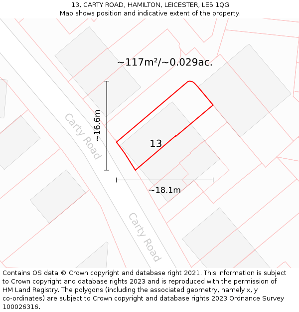 13, CARTY ROAD, HAMILTON, LEICESTER, LE5 1QG: Plot and title map